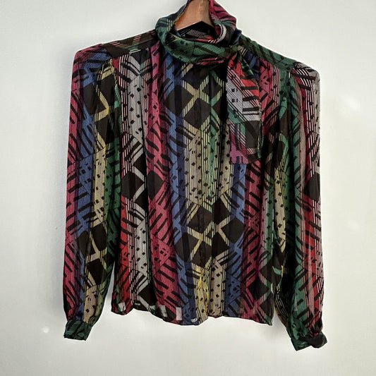 NICOLA Multicolor Geometric Chiffon Tie Neck Long Sleeve Blouse Size 8 Polyester