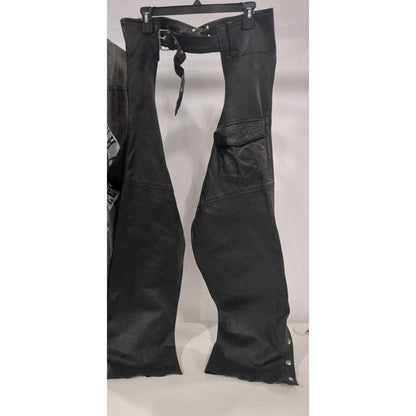 Vintage Biker Wear USA Leather Motorcycle Chaps | Men's 2XL | Heavy Duty Black Leather