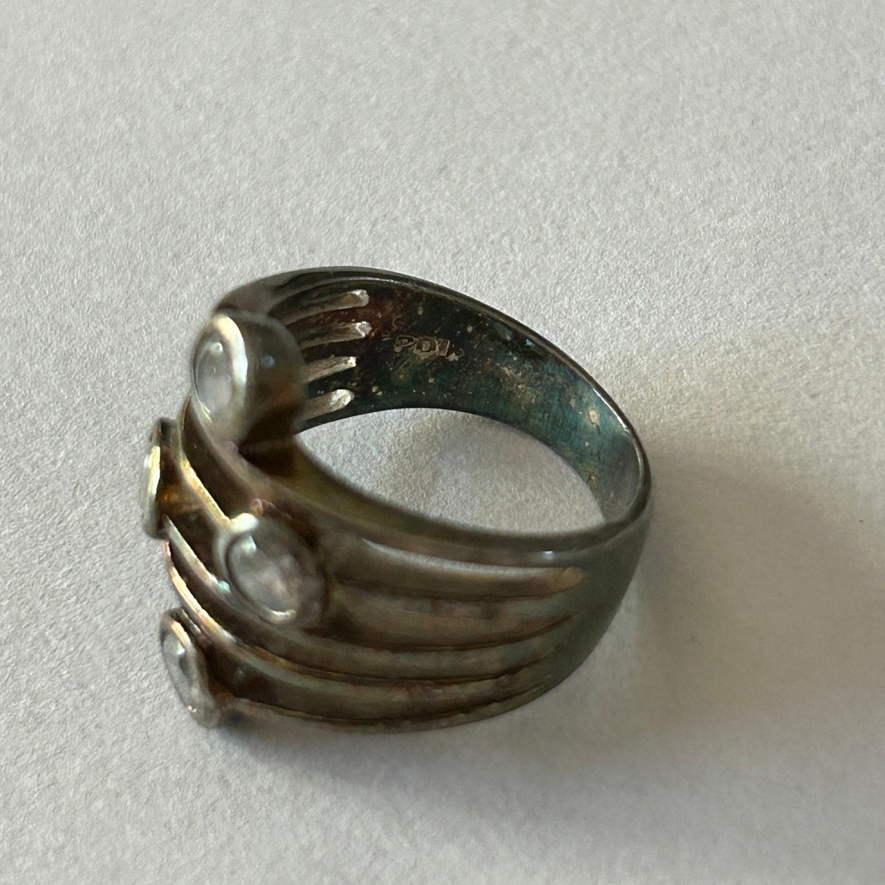 Silver-Tone Multi-Band Ring 4 Clear Stone Accents Size 6.5/7