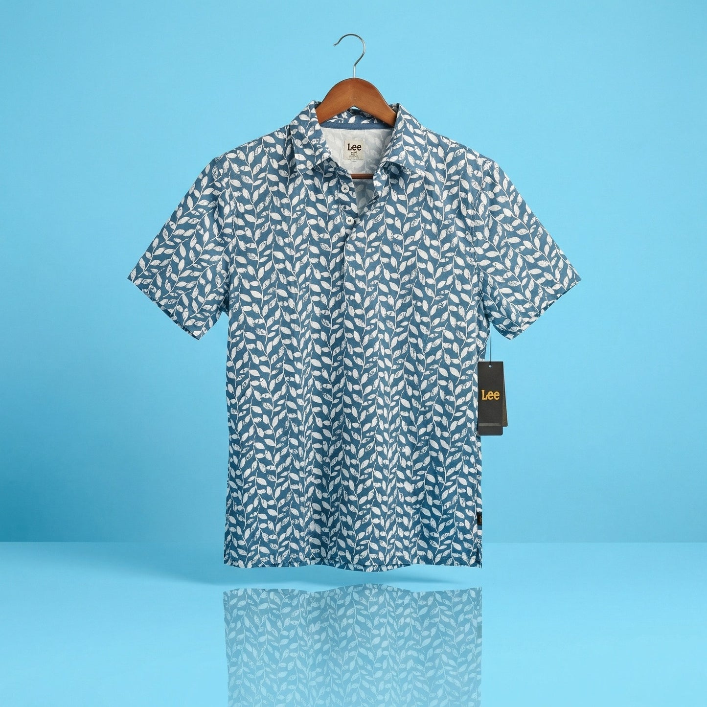 Lee Men's Large NWT Blue White Leaf Print Polo Shirt Size L