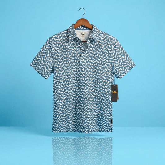 Lee Men's Large NWT Blue White Leaf Print Polo Shirt Size L