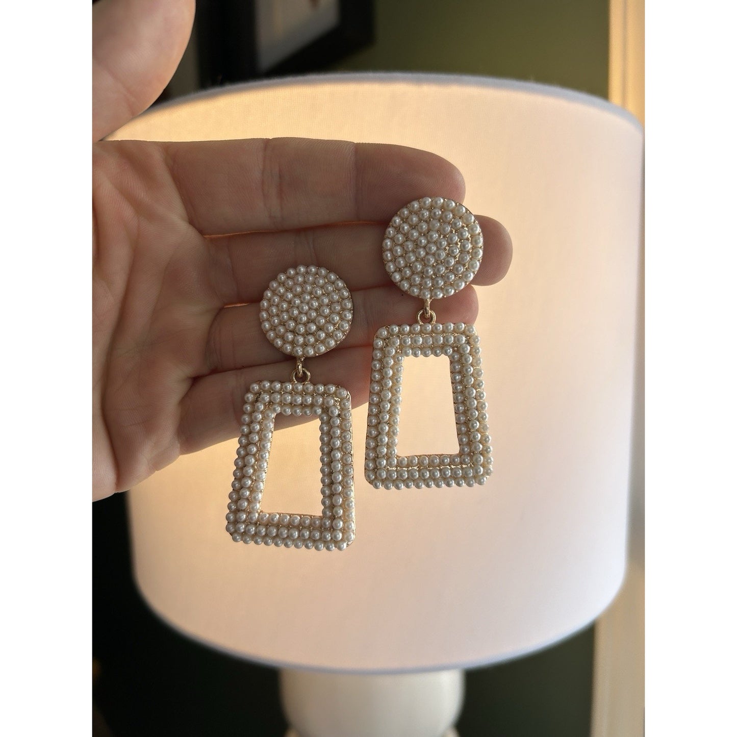White Pearl Rectangular & Round Beaded Drop Earrings, for Pierced Ears