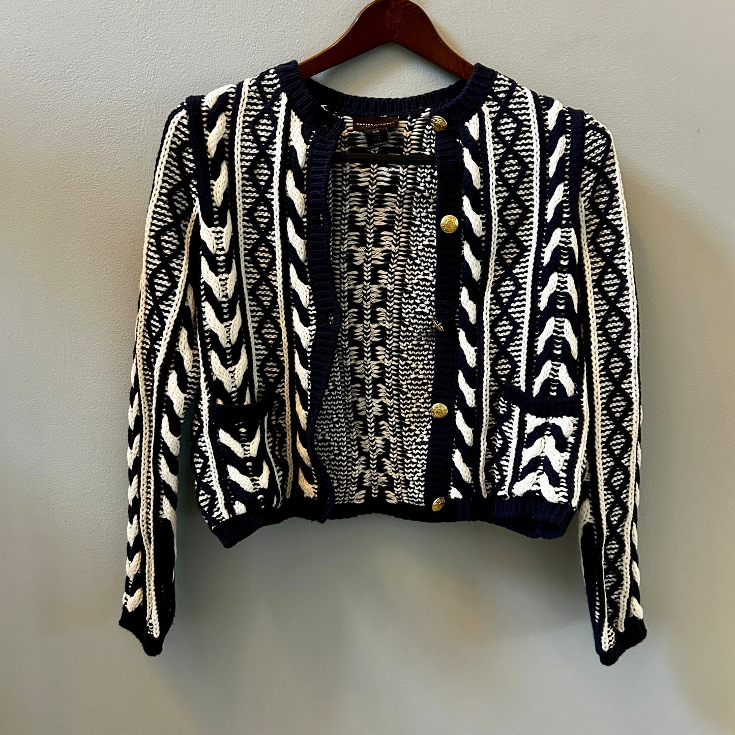Martha Stewart Navy White Cable Knit Cardigan Sweater M