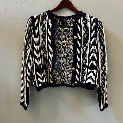 Martha Stewart Navy White Cable Knit Cardigan Sweater M
