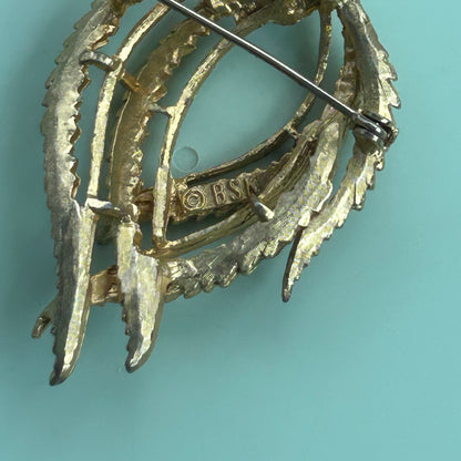 Vintage Gold-Tone Textured Leaf Wreath Brooch, BSK Signed Fall Fashion Pin
