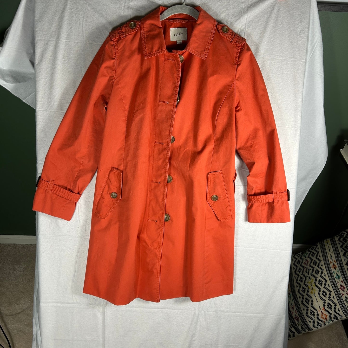 LOFT Petite Vibrant Coral Orange Trench Coat - Women’s LP - Striped Lining - Spring Jacket