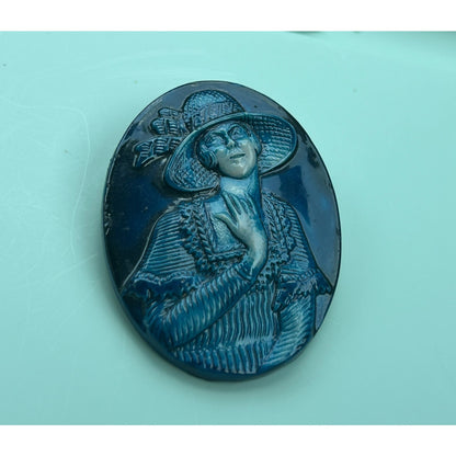 Vintage Art Deco Revival Blue Resin Cameo Brooch, Flapper Girl, Made in Israel