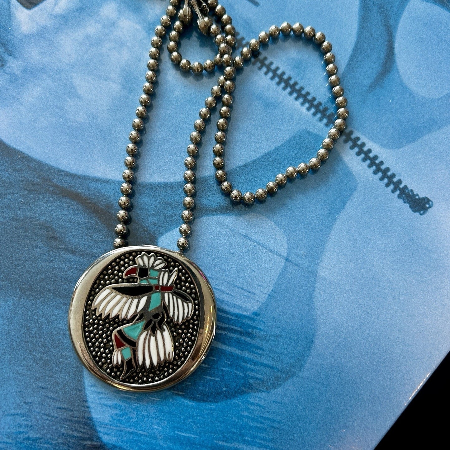Round Enamel Native Bird Pendant Necklace with Chain, Silver, Turquoise & Red