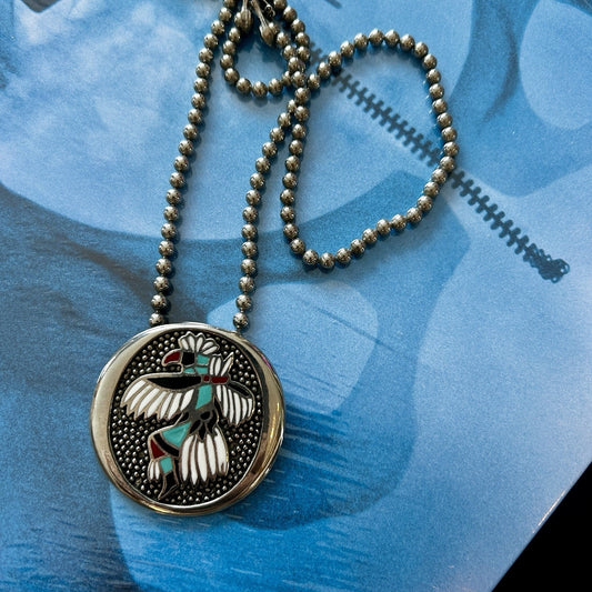 Round Enamel Native Bird Pendant Necklace with Chain, Silver, Turquoise & Red