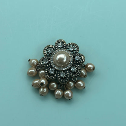 Antique Gold-Tone Floral Brooch with Rhinestones and Dangle Faux Pearls
