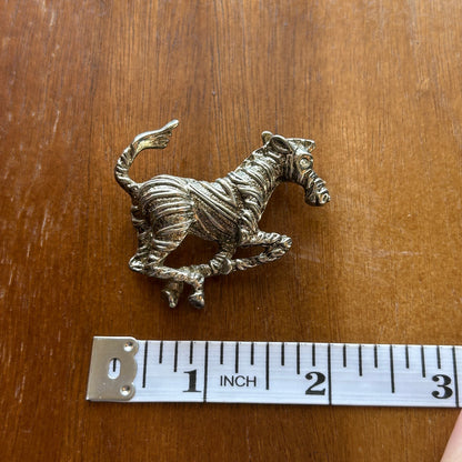 Vintage Running Zebra Brooch | Silver Tone Textured Animal Pin | Rhinestone Eye