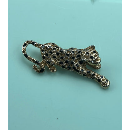 Vintage Gold Tone & Black Enamel Leopard Brooch - Prowling Cheetah Panther Pin
