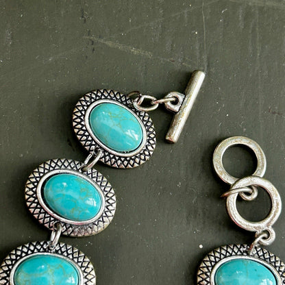 Silver Tone Adjustable Toggle Bracelet with Turquoise Oval Beads