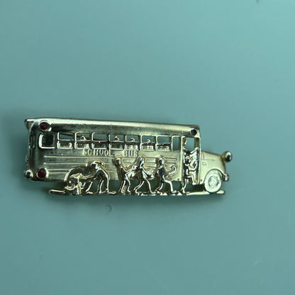 Vintage Gold Tone School Bus Brooch Pin with Red and Clear Rhinestone Accents