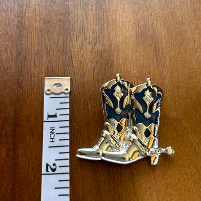 Vintage Silver Tone Cowboy Boots Brooch | Blue Enamel & Rhinestone Western Pin | Coastal Cowgirl Aesthetic Jewelry