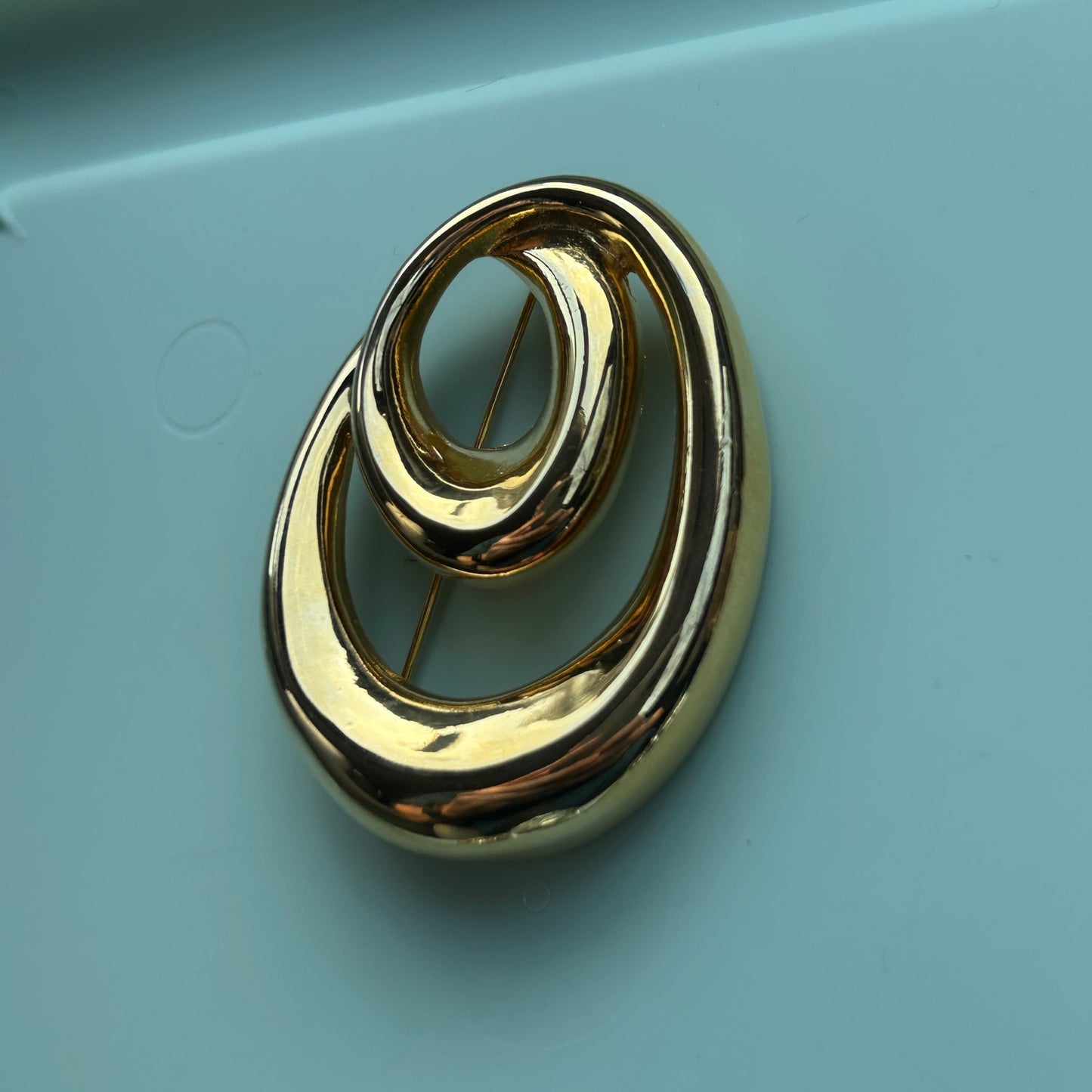 Vintage Monet Gold Tone Nested Oval Brooch | Polished Abstract Concentric Hoop Pin | Mid-Century Modern