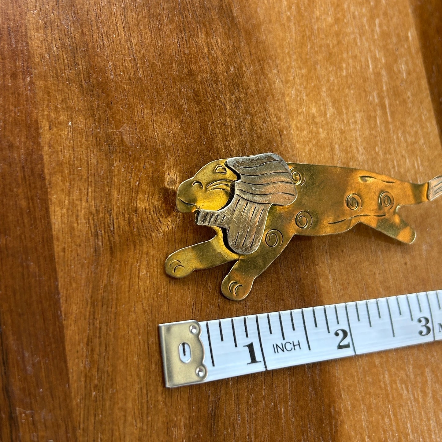Vintage Mixed Metal Lion Brooch | Brass & Silver Tone Running Lion Pin | Mid-Century Modern Animal Jewelry