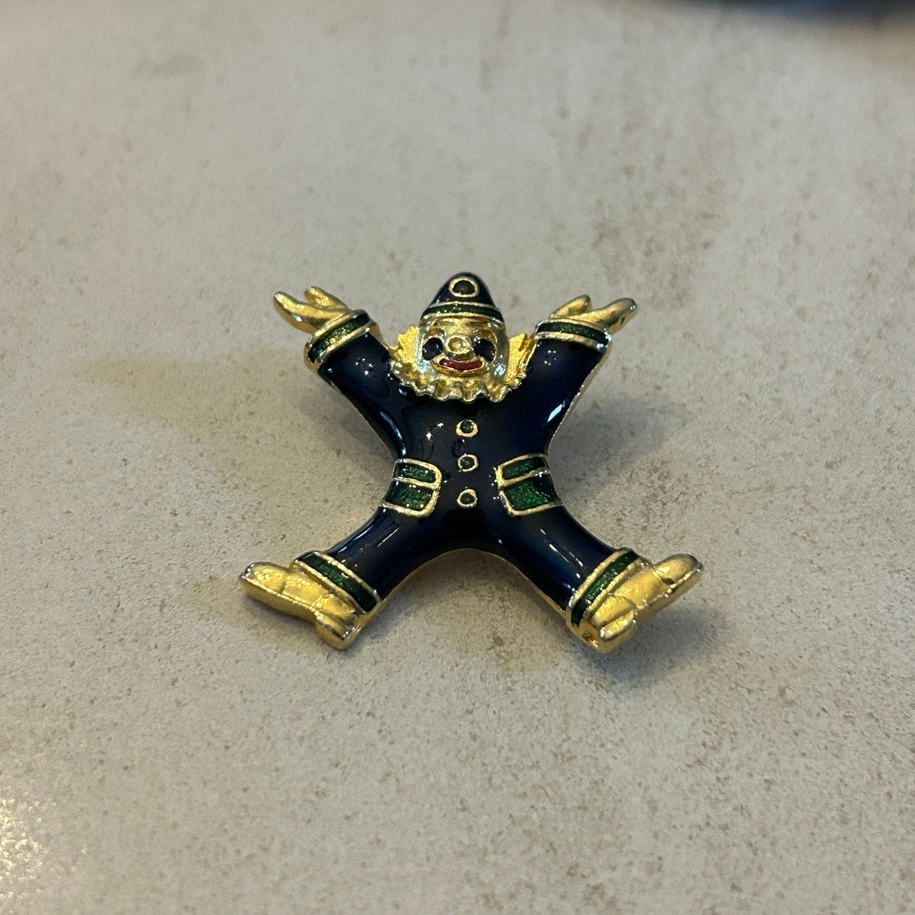 Vintage Enamel Clown Brooch – Navy Blue & Gold-Tone Whimsical Figural Pin