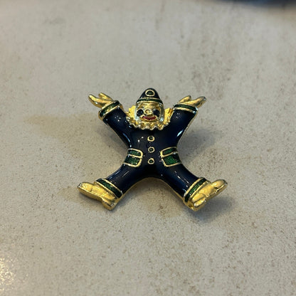 Vintage Enamel Clown Brooch – Navy Blue & Gold-Tone Whimsical Figural Pin