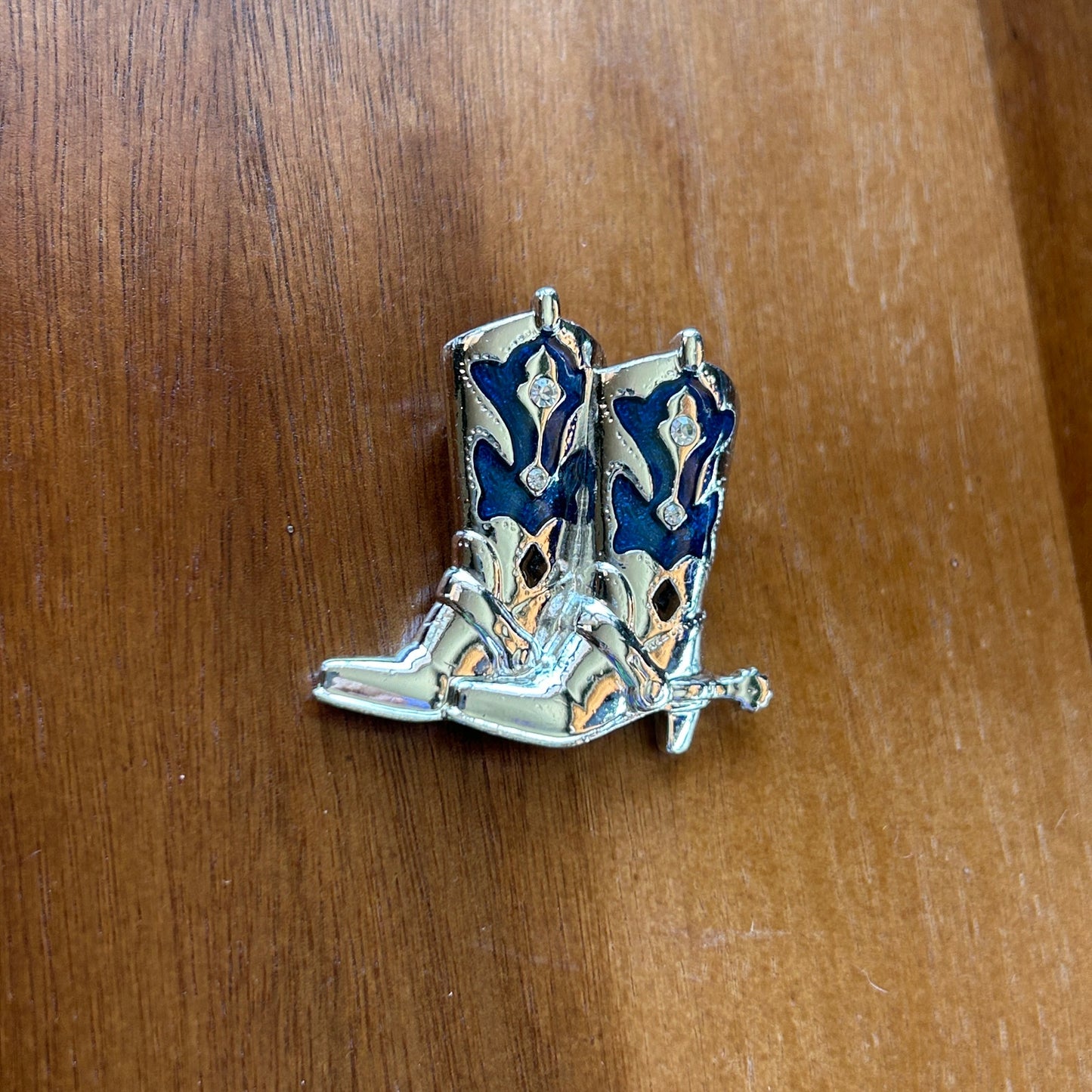 Vintage Silver Tone Cowboy Boots Brooch | Blue Enamel & Rhinestone Western Pin | Coastal Cowgirl Aesthetic Jewelry