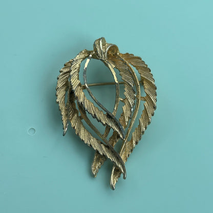 Vintage Gold-Tone Textured Leaf Wreath Brooch, BSK Signed Fall Fashion Pin