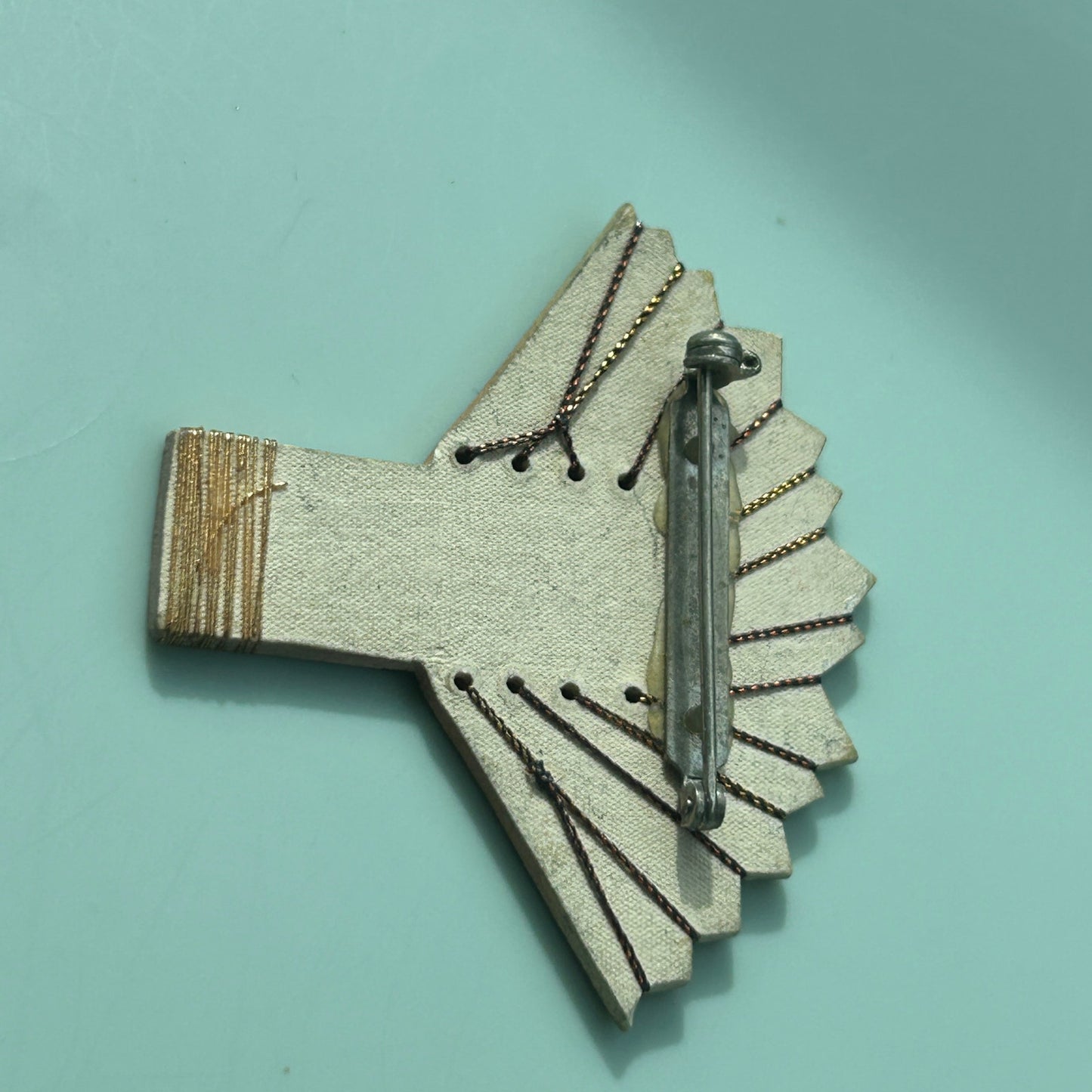 Vintage Hand-Painted Ceramic Fan Brooch | Asian-Inspired Bamboo & Sunrise Motif