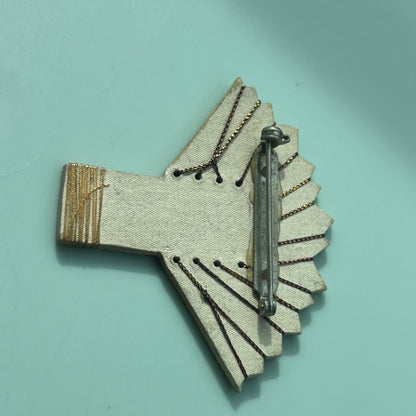 Vintage Hand-Painted Ceramic Fan Brooch | Asian-Inspired Bamboo & Sunrise Motif