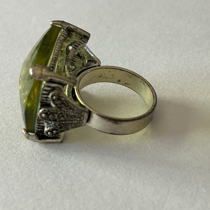 Large Cocktail Ring Pale Yellow-Green Faceted Stone Gothic Setting Size 8
