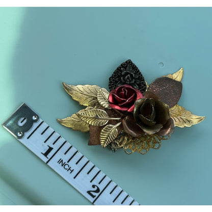 Vintage Mixed Metal Rose Brooch Gold Copper and Red Enamel Floral Pin