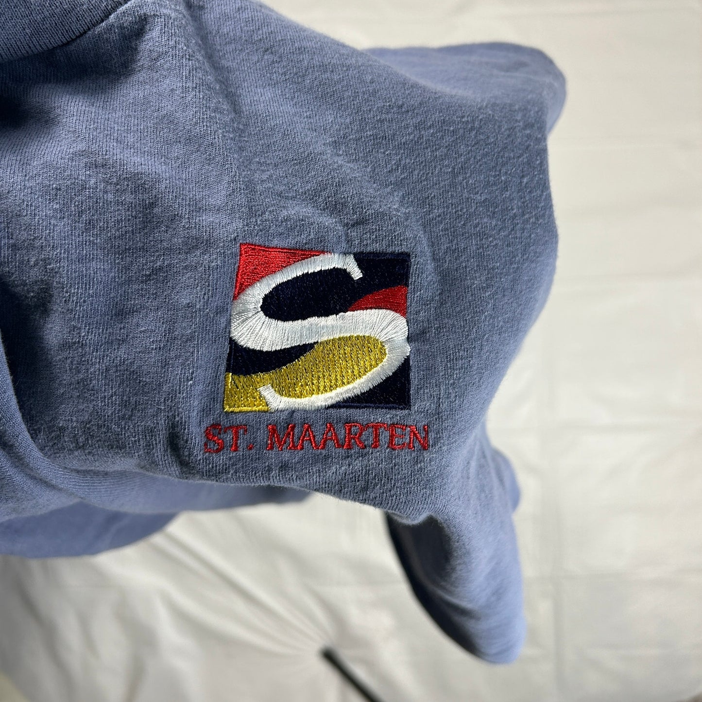 Vintage St. Maarten Embroidered T-Shirt Men's XL Faded Blue Made in USA