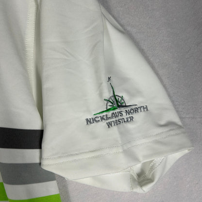Dunning Golf Men's Large Performance Polo Shirt White with Green & Gray Stripes