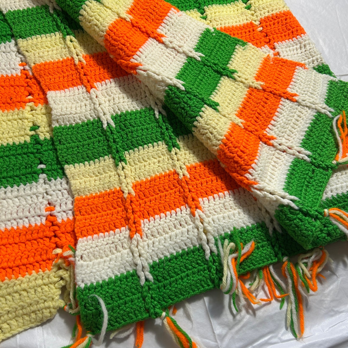 Vintage Handmade Crocheted Afgan Blanket, Orange, Green, Yellow and White, 40 x 66