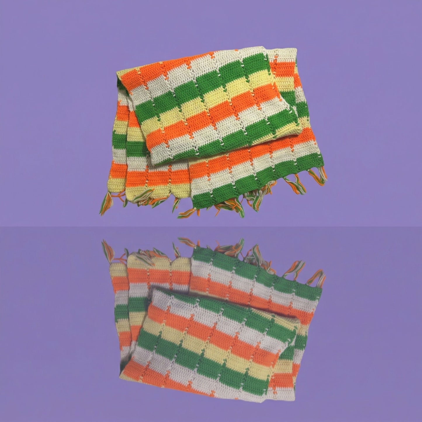 Vintage Handmade Crocheted Afgan Blanket, Orange, Green, Yellow and White, 40 x 66