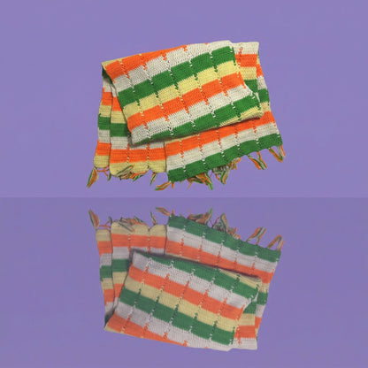 Vintage Handmade Crocheted Afgan Blanket, Orange, Green, Yellow and White, 40 x 66