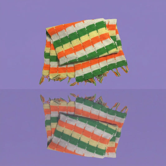 Vintage Handmade Crocheted Afgan Blanket, Orange, Green, Yellow and White, 40 x 66