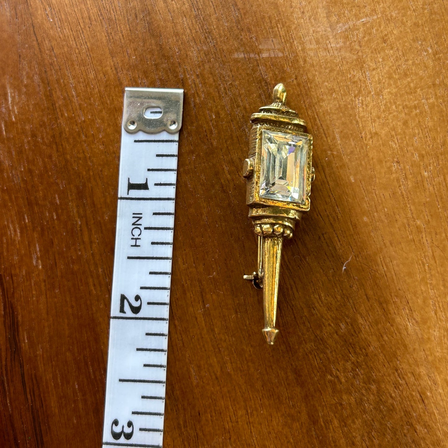 Vintage Goldette Victorian Revival Lantern Brooch | Gold Tone Torch Pin | Emerald Cut Rhinestone Statement Jewelry
