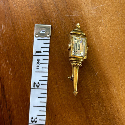 Vintage Goldette Victorian Revival Lantern Brooch | Gold Tone Torch Pin | Emerald Cut Rhinestone Statement Jewelry