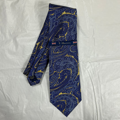 NWT T. Harris London Silk Tie Blue & Gold Paisley Luxury Men’s Necktie