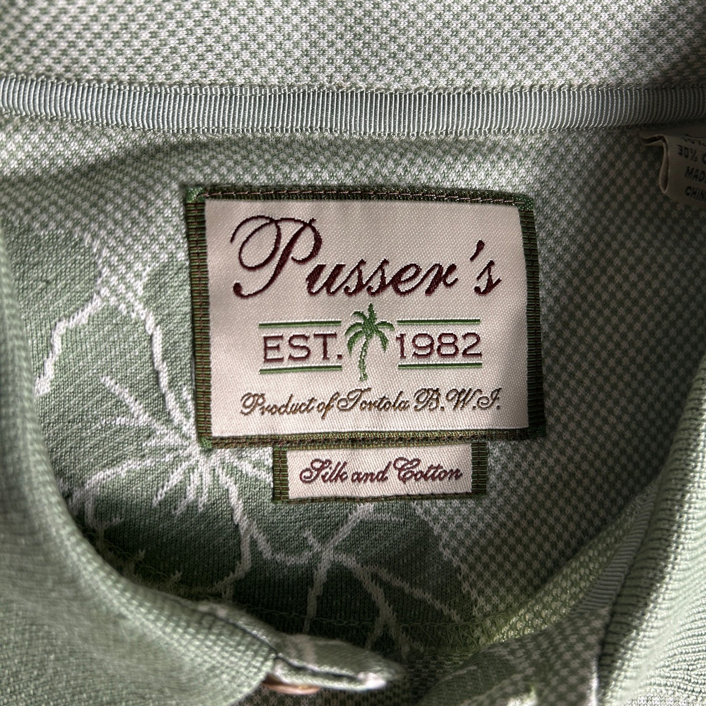 Pusser’s Tortola BVI Silk & Cotton Polo Shirt - Large - Sage Green Hibiscus Leaf Print