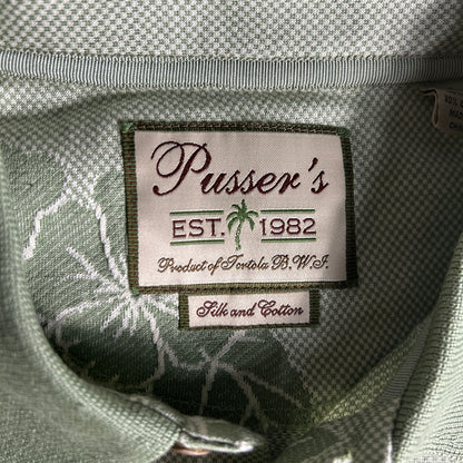 Pusser’s Tortola BVI Silk & Cotton Polo Shirt - Large - Sage Green Hibiscus Leaf Print