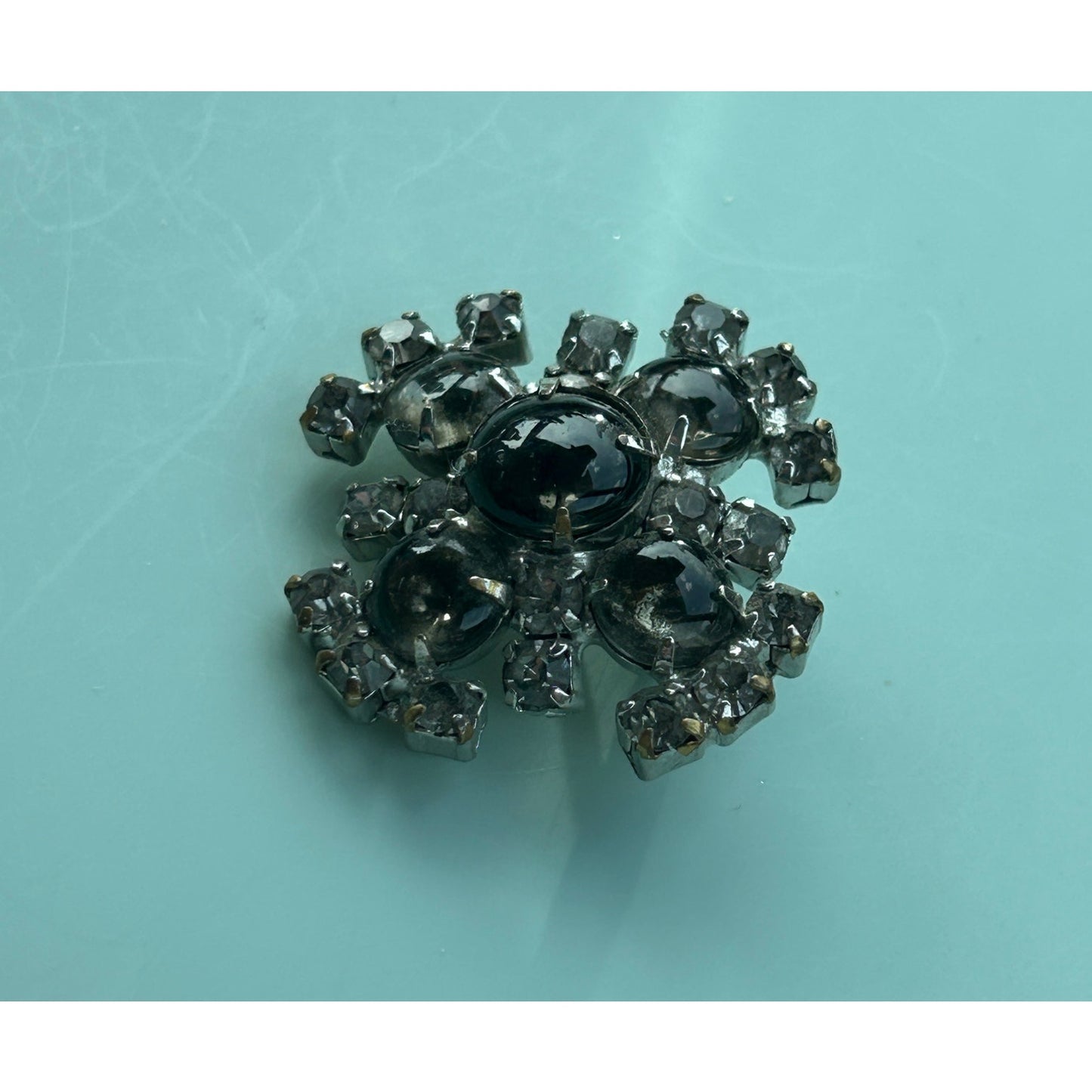 Vintage Smokey Quartz Style Rhinestone Brooch Silver Tone Statement Cluster Pin