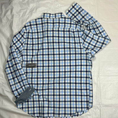 Nautica Classic Fit Plaid Button Down Shirt Size XL | Blue & White Stretch