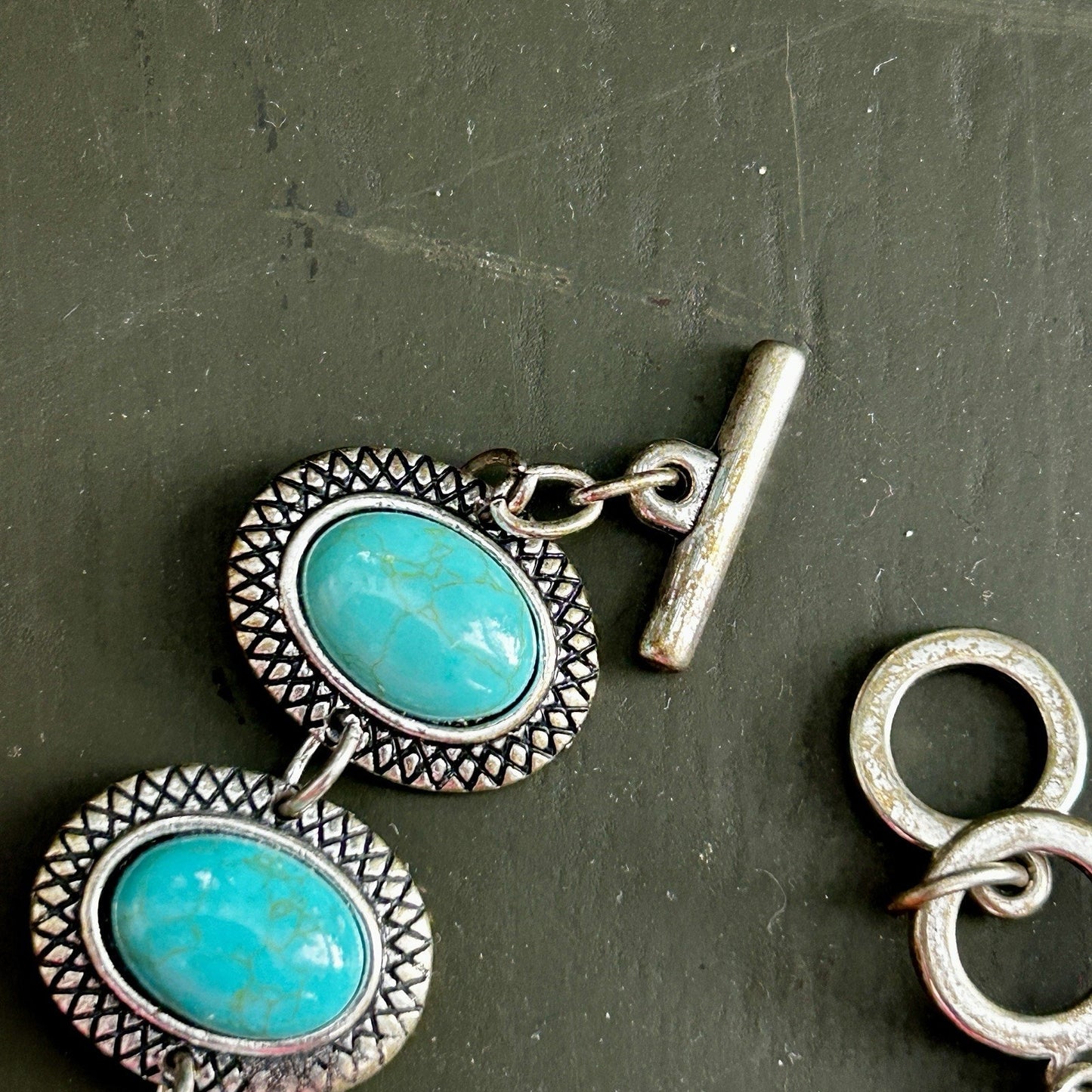 Silver Tone Adjustable Toggle Bracelet with Turquoise Oval Beads