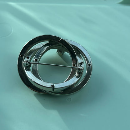 Vintage Silver Tone Triple Interlocking Circle Brooch with Faux Pearl Accent