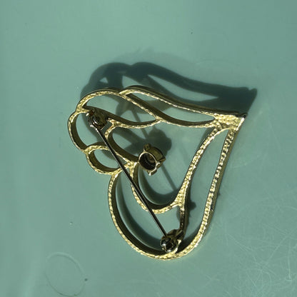 Vintage Gold Tone Open Heart Brooch Pin Rhinestone Filigree Art Nouveau Style