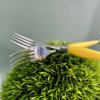 Contemporary Yellow Handle Stainless Steel Forks Set, Reusable, Glossy Finish