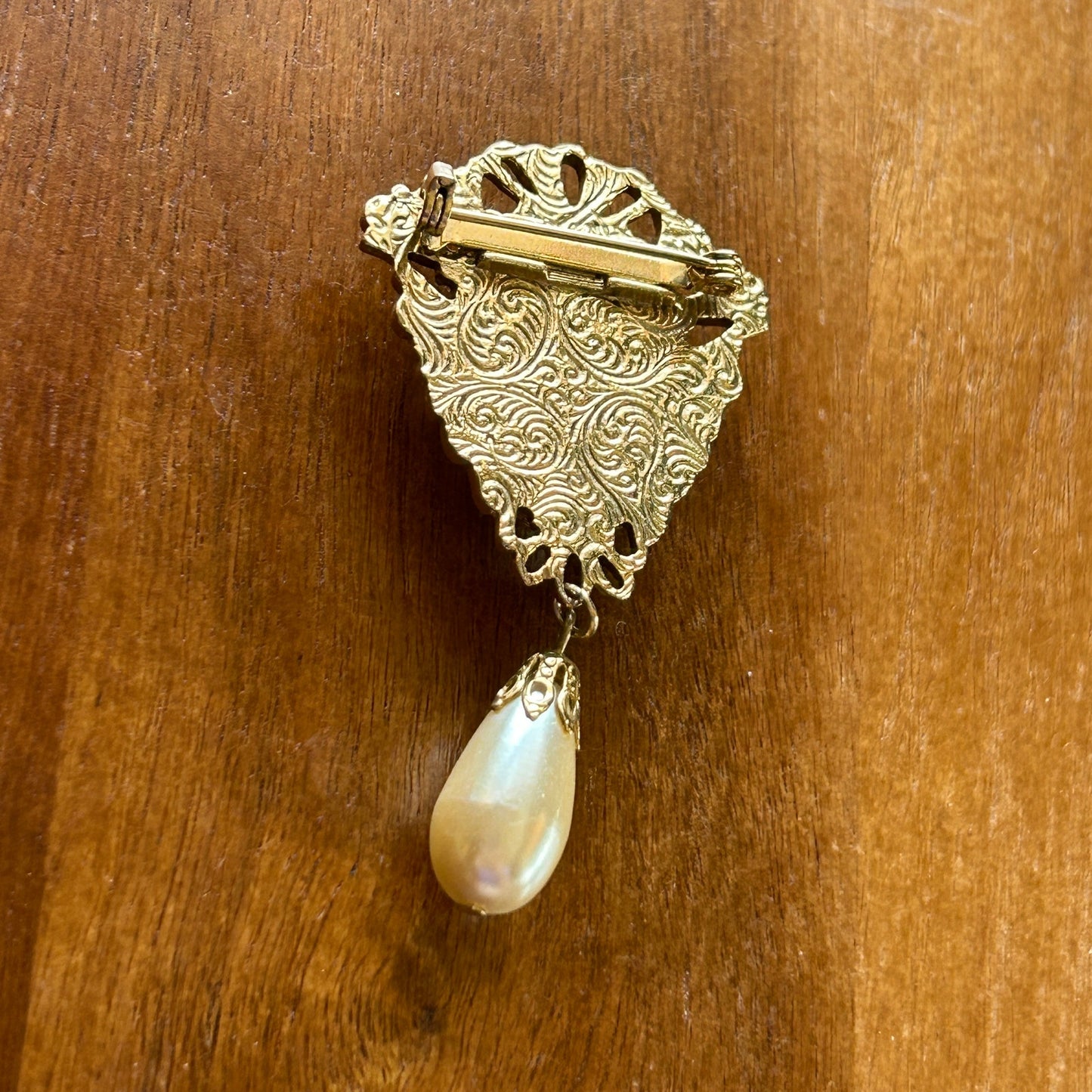 Vintage Ornate Gold Tone Faux Pearl Drop Brooch | Victorian Filigree Dangle Pin