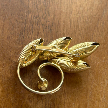 Vintage Gold Tone Ribbed Leaf & Spiral Brooch | Faux Pearl Accent Swirl Pin