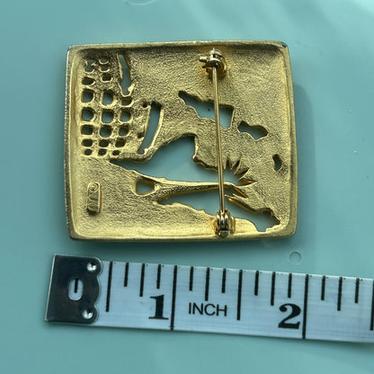 Vintage Gold-Tone World Travel Brooch | Cut-Out Silhouette Pin | Eiffel Tower