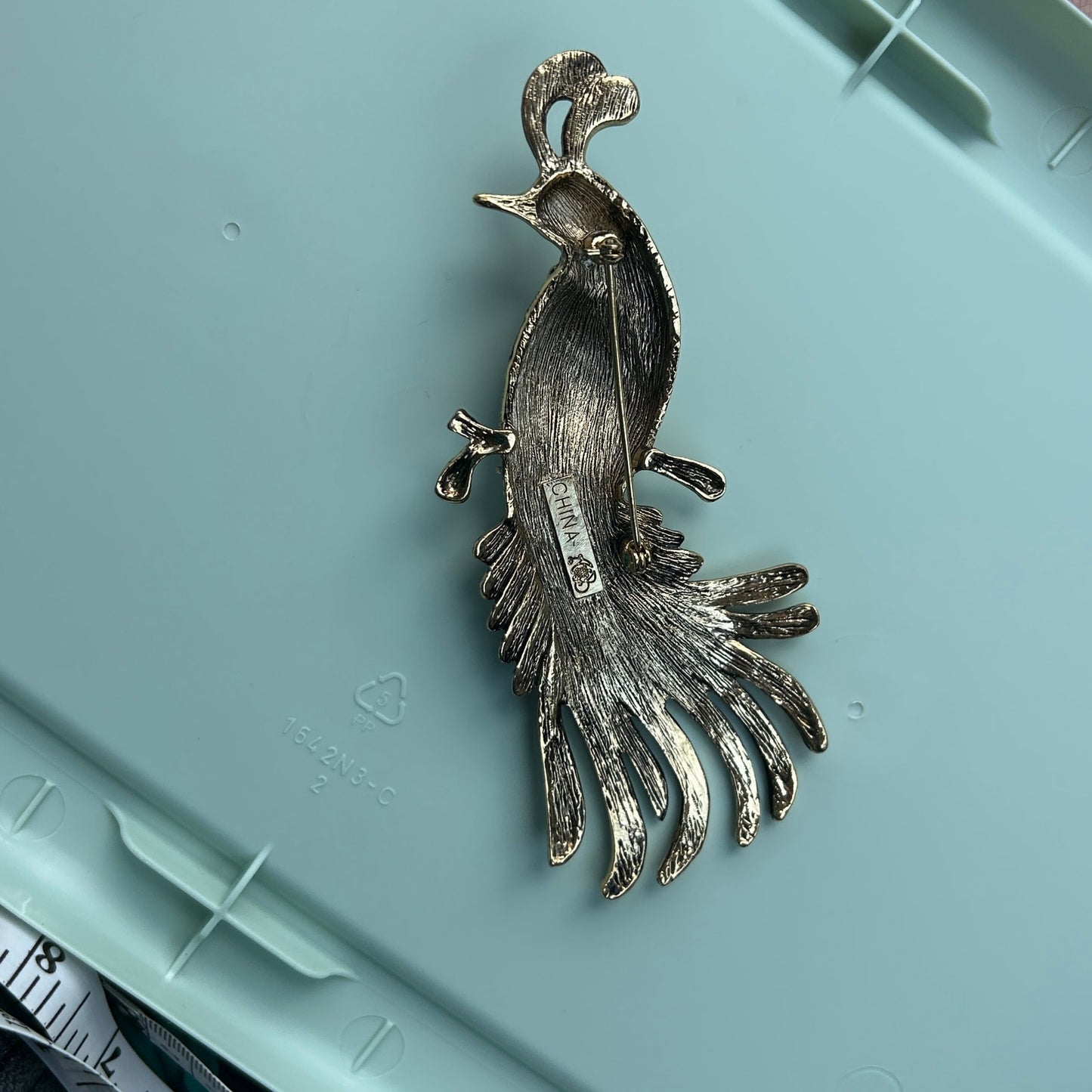 Vintage Regal Peacock Brooch – Large Gold Tone Statement Pin with Rhinestone Accents